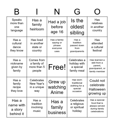 Culture Connections Bingo Card