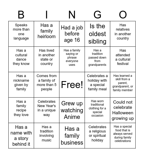 Culture Connections Bingo Card