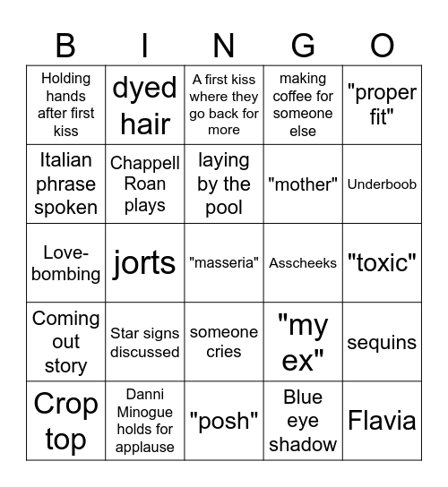 I Kissed A Girl Season 2 Bingo Card