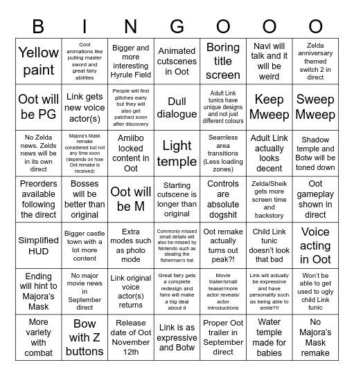 Zelda Mostly Oot Bingo Card