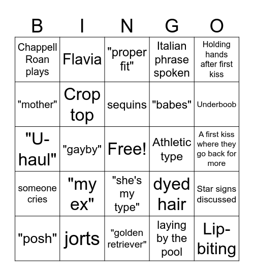 I Kissed A Girl Season 2 Bingo Card