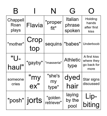 I Kissed A Girl Season 2 Bingo Card