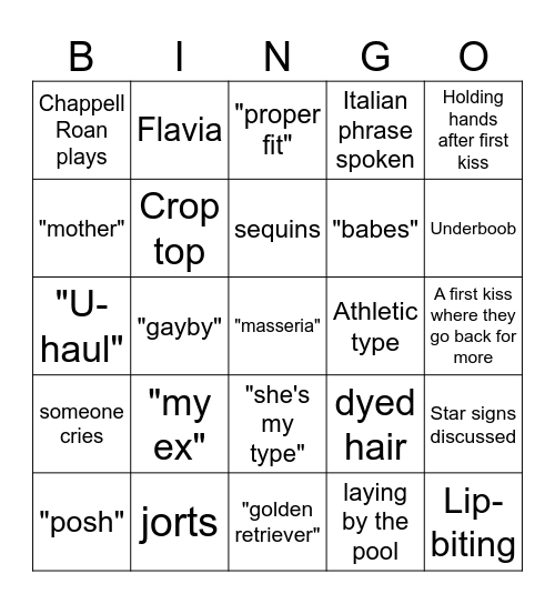 I Kissed A Girl Season 2 Bingo Card