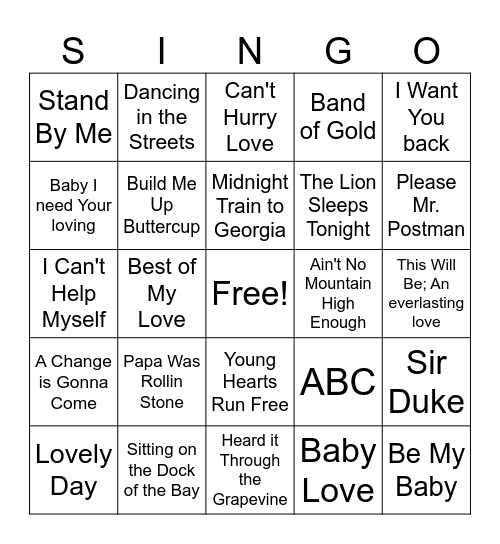 Motown Singo Bingo Card