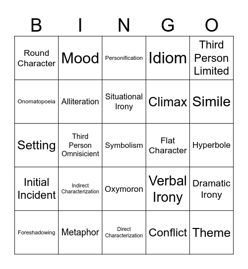 Literary Terms Bingo Card