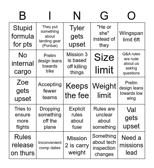 DBF Rules Bingo Card
