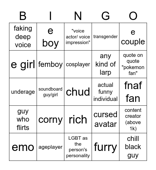 roblox hangout Bingo Card