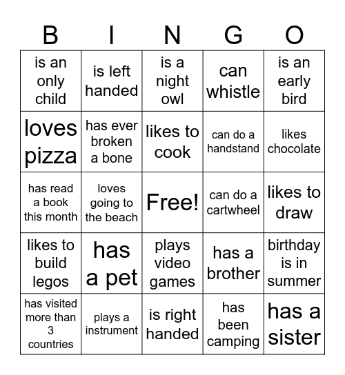 Friendship Bingo Card