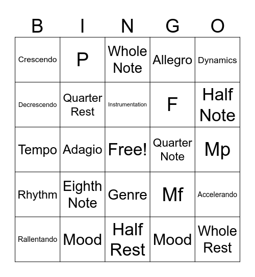 5th Grade Music Bingo Card