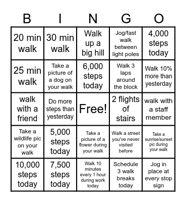 Walk Challenge Bingo Card