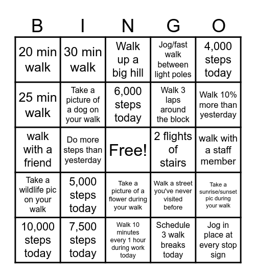 Walk Challenge Bingo Card