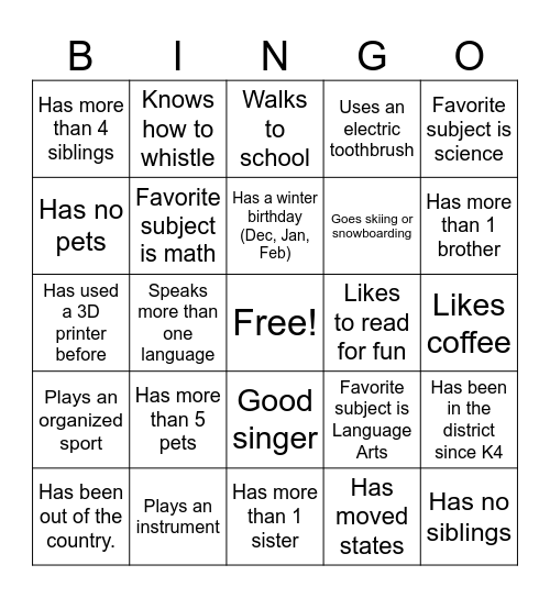 Get to know you - Middle School Bingo Card