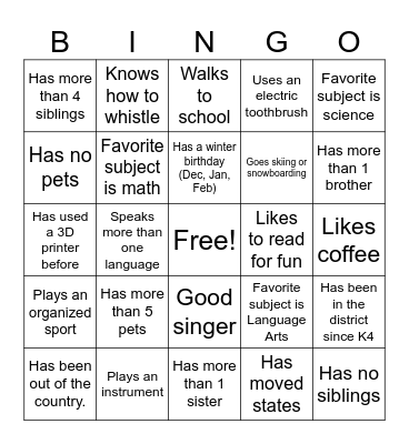 Get to know you - Middle School Bingo Card