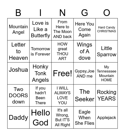 Dolly Parton Bingo Card