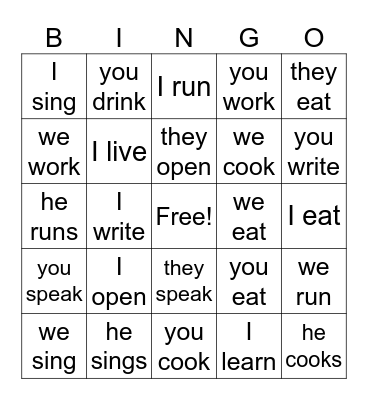 Conjugation Bingo Card