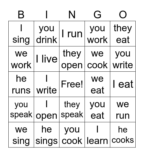 Conjugation Bingo Card