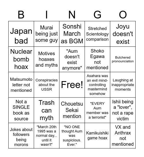 Average Aum Shinrikyo Video Bingo Card