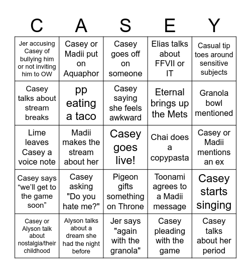 Casey Bingo Card