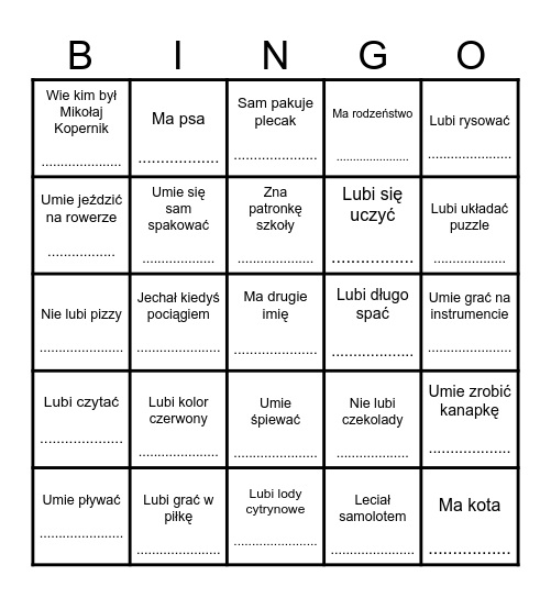 Znajdź kogoś, kto..... Bingo Card