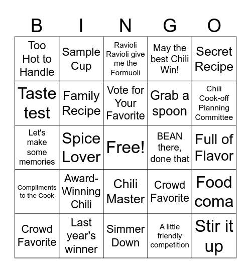 City of Tamarac Chili Cook-Off Bingo Card