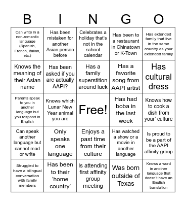 AAPI Icebreaker Bingo Card