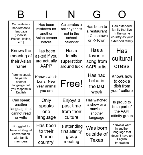 AAPI Icebreaker Bingo Card