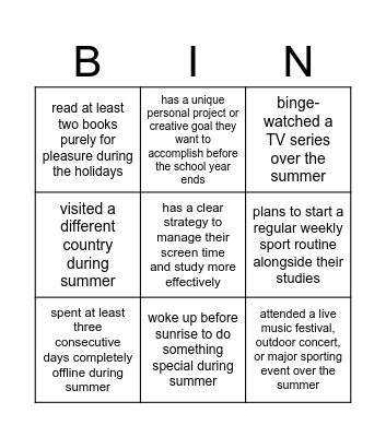 Find someone who... (Ask 2 follow-up questions) Bingo Card