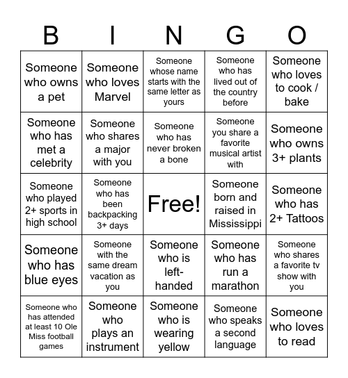 Meet and Greet Bingo Card