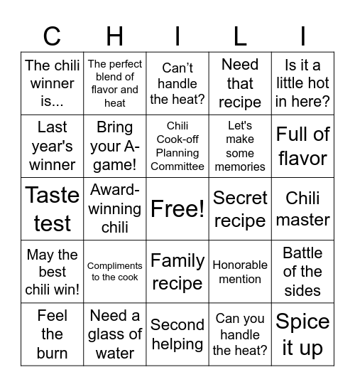 City of Tamarac Chili Cook-off Bingo Card