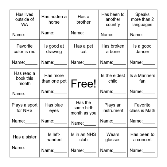 Classmate Bingo! Bingo Card