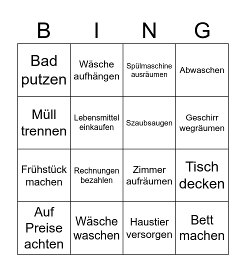 Haushalts Bingo Card