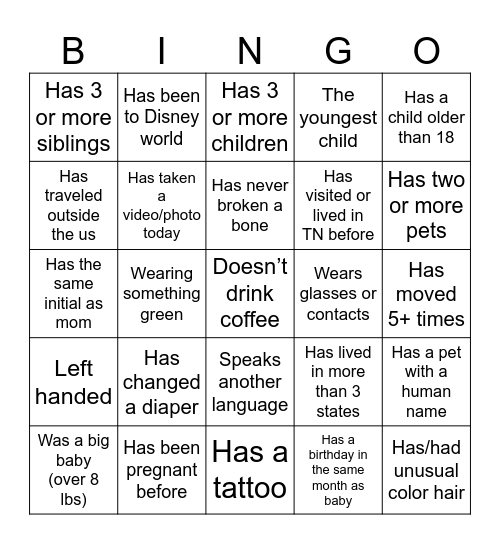 FIND THE GUEST Bingo Card