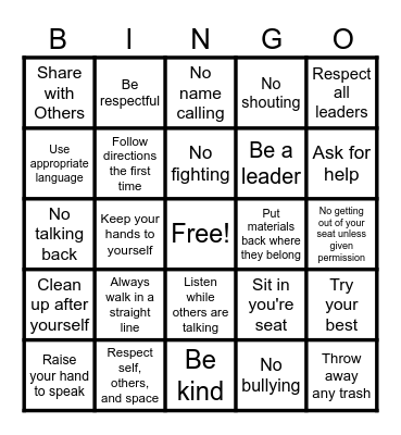 Classroom Rules Bingo Card