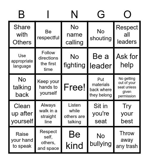 Classroom Rules Bingo Card