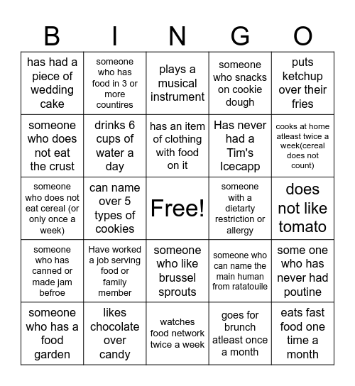 Foods Bingo Card