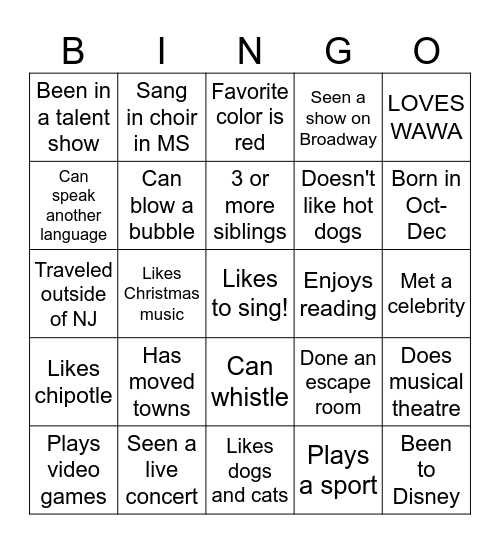 Mr. Noa Bingo Card