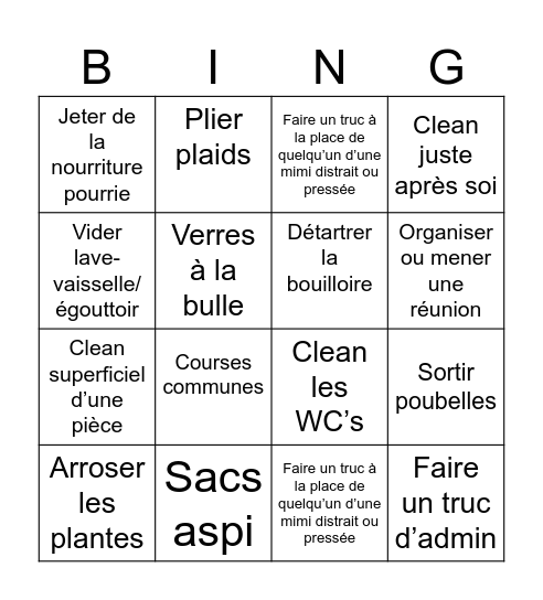 Tâche Bingo Card