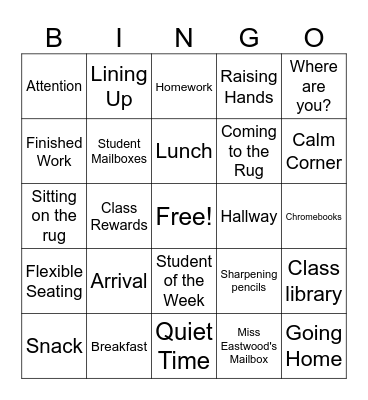 3E Classroom Procedure Bingo Card
