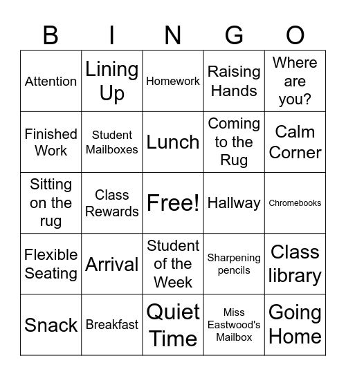 3E Classroom Procedure Bingo Card