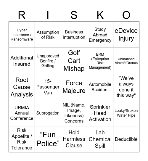 YoPro RISKO Bingo Card