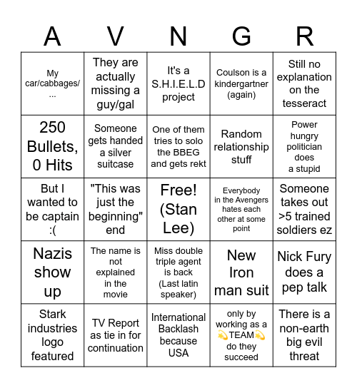 Avengers Bingo Card