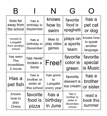 Beginning of Year BINGO Card