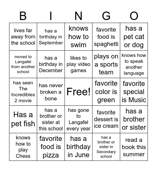 Beginning of Year BINGO Card