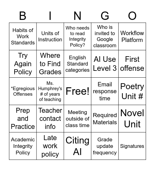 Junior Syllabus Bingo Card