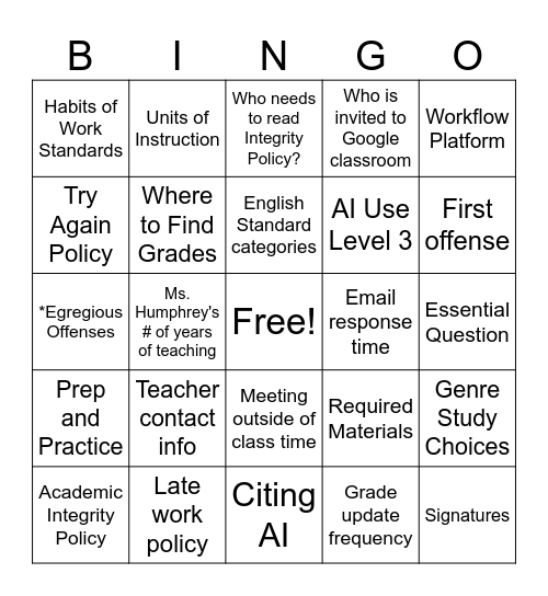 Asynchronous Syllabus Bingo Card