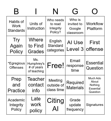 Senior Syllabus Bingo Card