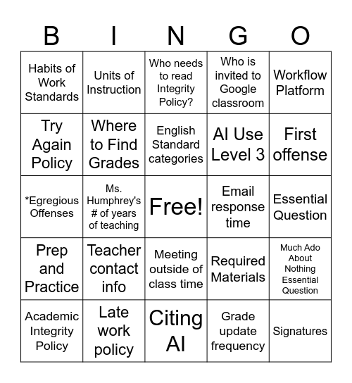 Senior Syllabus Bingo Card