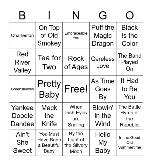Reader's Digest Family Songbook Bingo Card