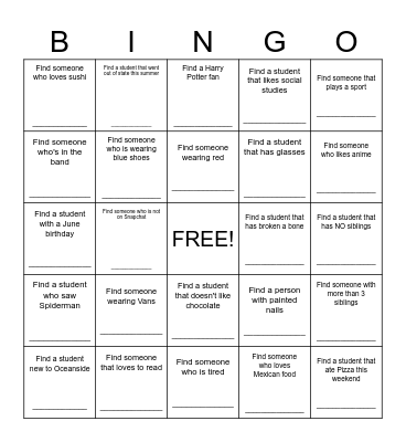 Classmate Bingo Card