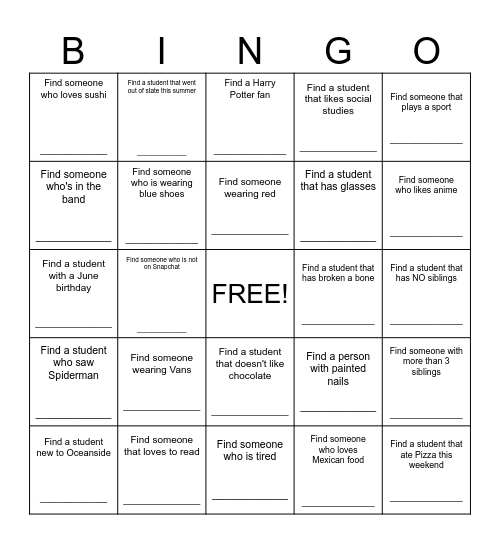 Classmate Bingo Card